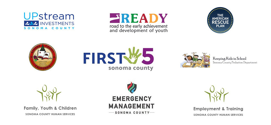 SOMS partner logos: Upstream Investments, READY (road to the early achievement and development of youth), The American Rescue Plan, County of Sonoma, First 5 Sonoma County, Keeping Kids in School (Sonoma County Probation Department), Family, Youth & Children (Sonoma County Human Services), Sonoma County Department of Emergency Management, and Employment & Training (Sonoma County Human Services)