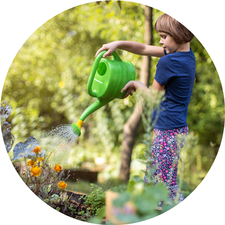 Child outside holding watering can watering plant
